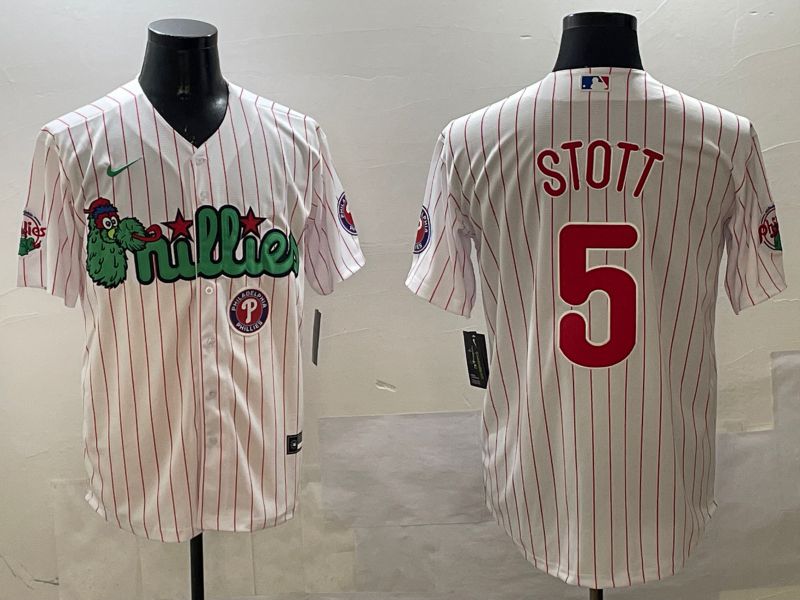 Men Philadelphia Phillies #5 Stott White Stripe Three generations Joint Name Game 2025 Nike MLB Jersey style 5->philadelphia phillies->MLB Jersey